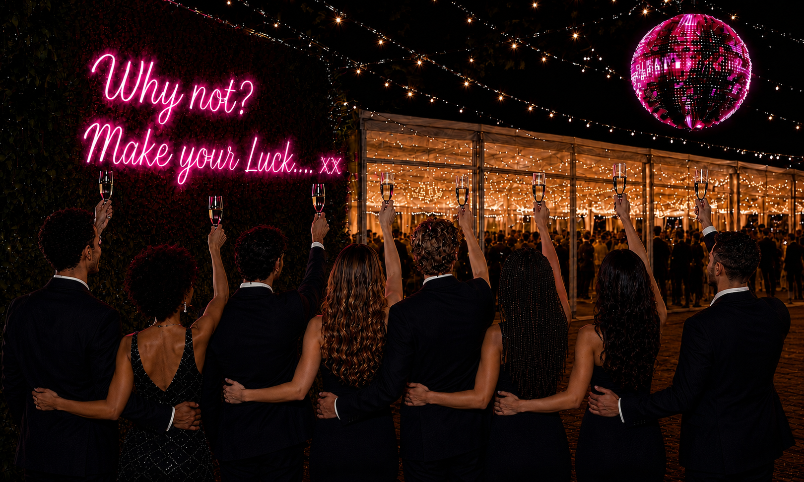 Guests raising champagne glasses towards a clear lit marquee and neon Why not Make your Luck sign